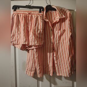 Women's Peach & White Striped Pajama Set - Button-Front Top & Elastic Shorts Sma